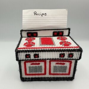 Vintage Red Black Mid Century Plastic Canvas Needlework Oven Recipe Box